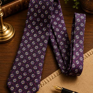 May include: A dark purple necktie featuring a repeating floral pattern in shades of yellow, light blue, and white. The tie has a pointed end and a smooth texture, displaying a consistent geometric arrangement of small blossoms across the fabric surface.