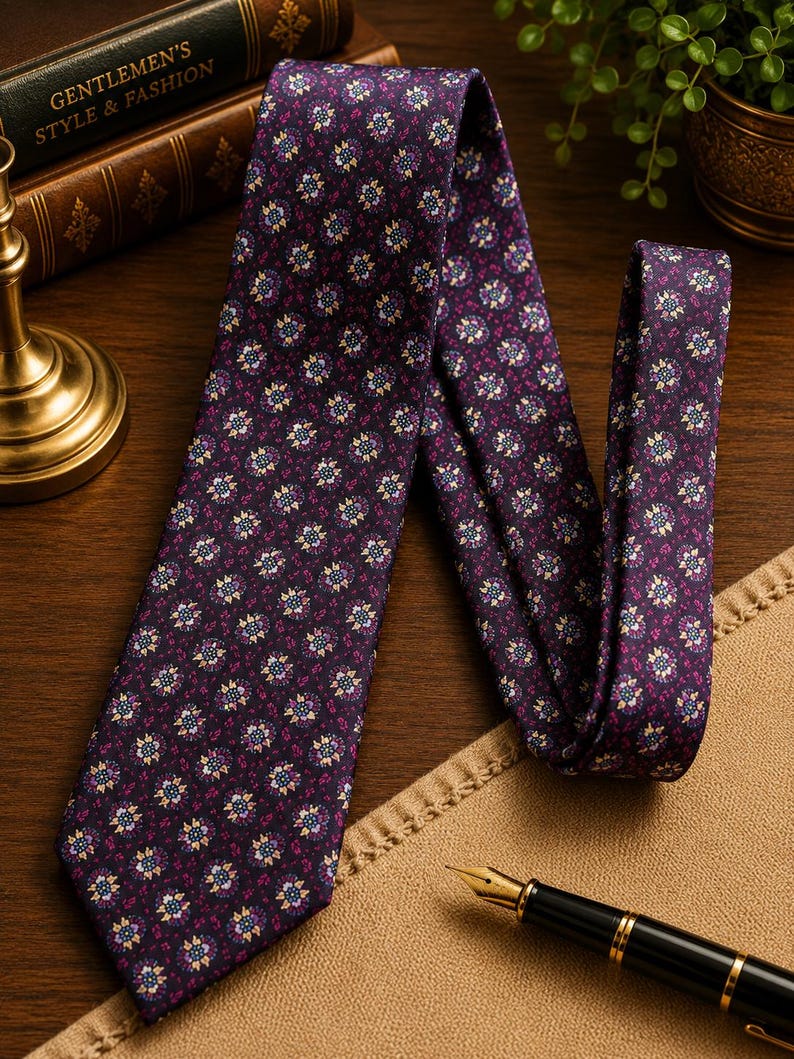 May include: A dark purple necktie featuring a repeating floral pattern in shades of yellow, light blue, and white. The tie has a pointed end and a smooth texture, displaying a consistent geometric arrangement of small blossoms across the fabric surface.