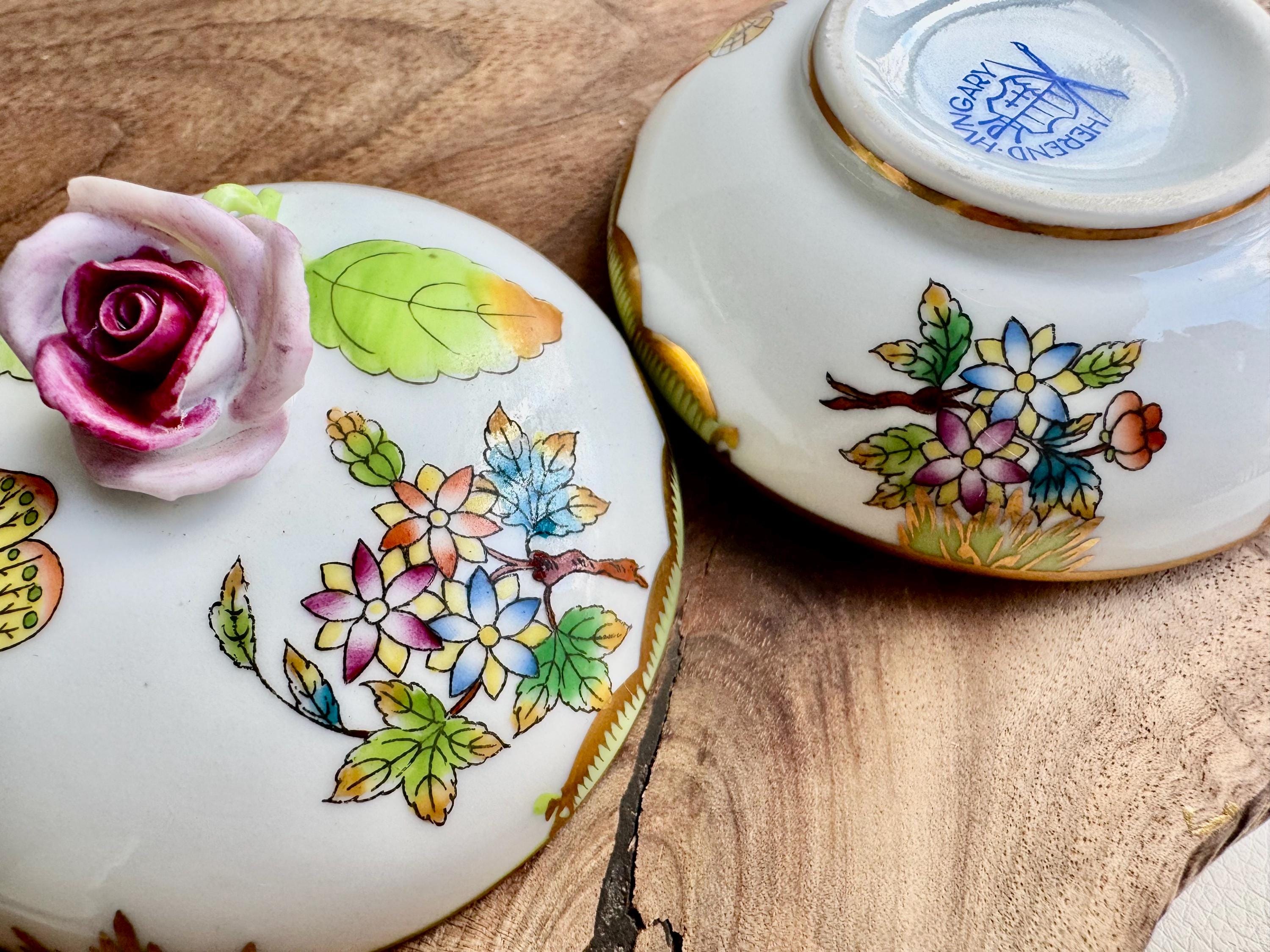 Vintage Herend Hungary Porcelain Trinket Box – Butterfly, Florals & 3D Rose Finial – Hand-Painted