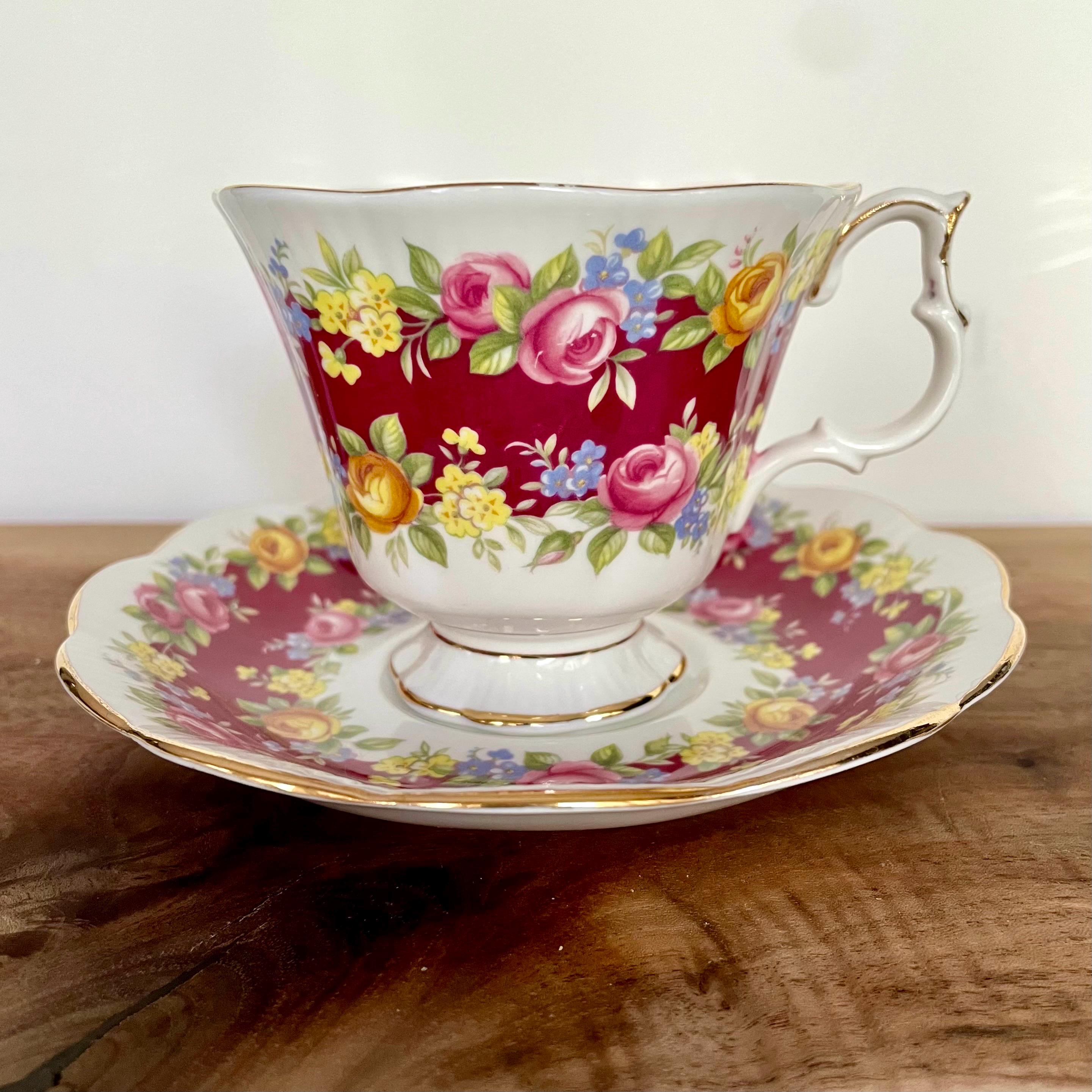 Vintage Royal Albert Garland Series “Elegance” Teacup & Saucer – Crimson Red Floral Garland