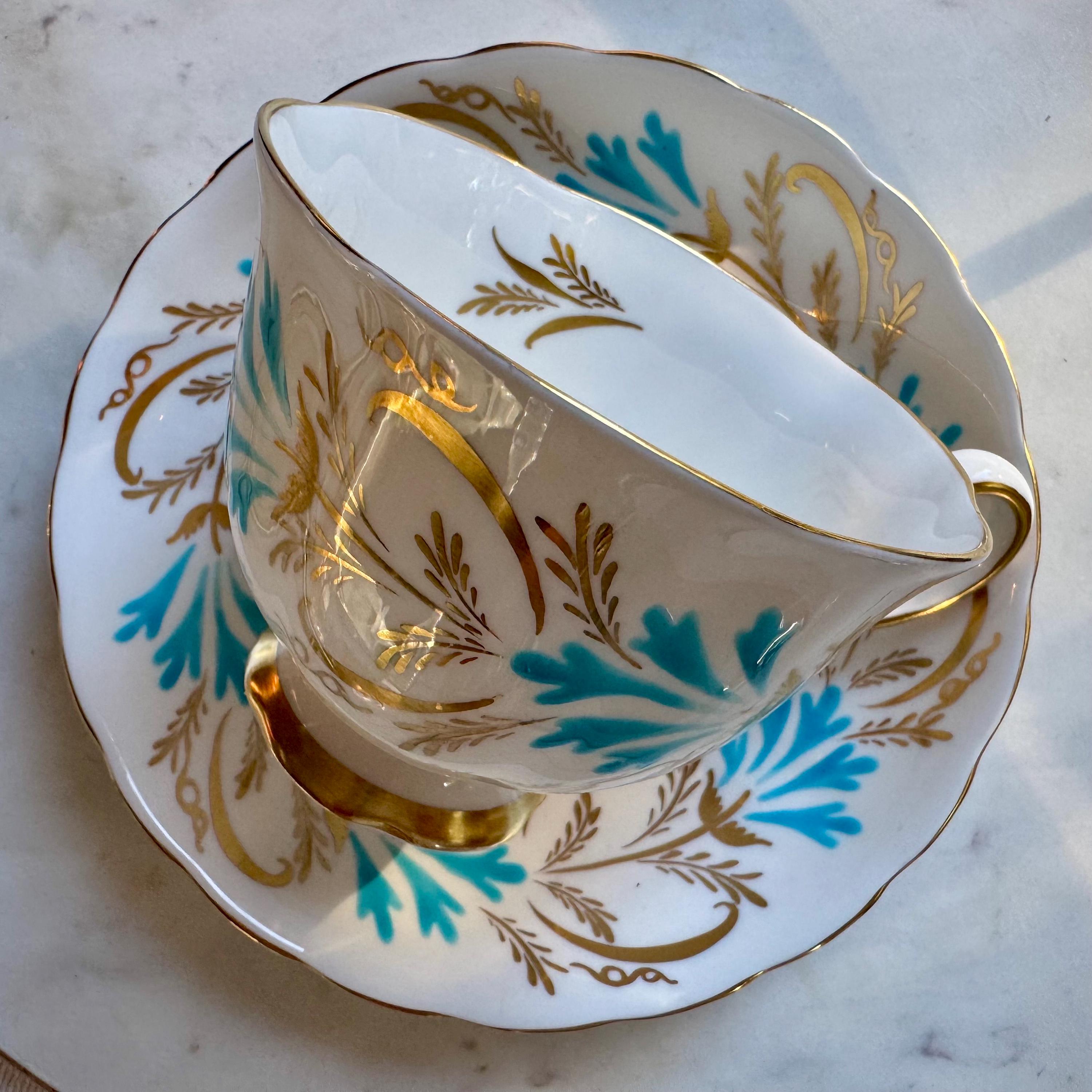 Vintage Royal Chelsea Bone China Teacup & Saucer – Pattern 4983A, Hand Decorated Turquoise Gold