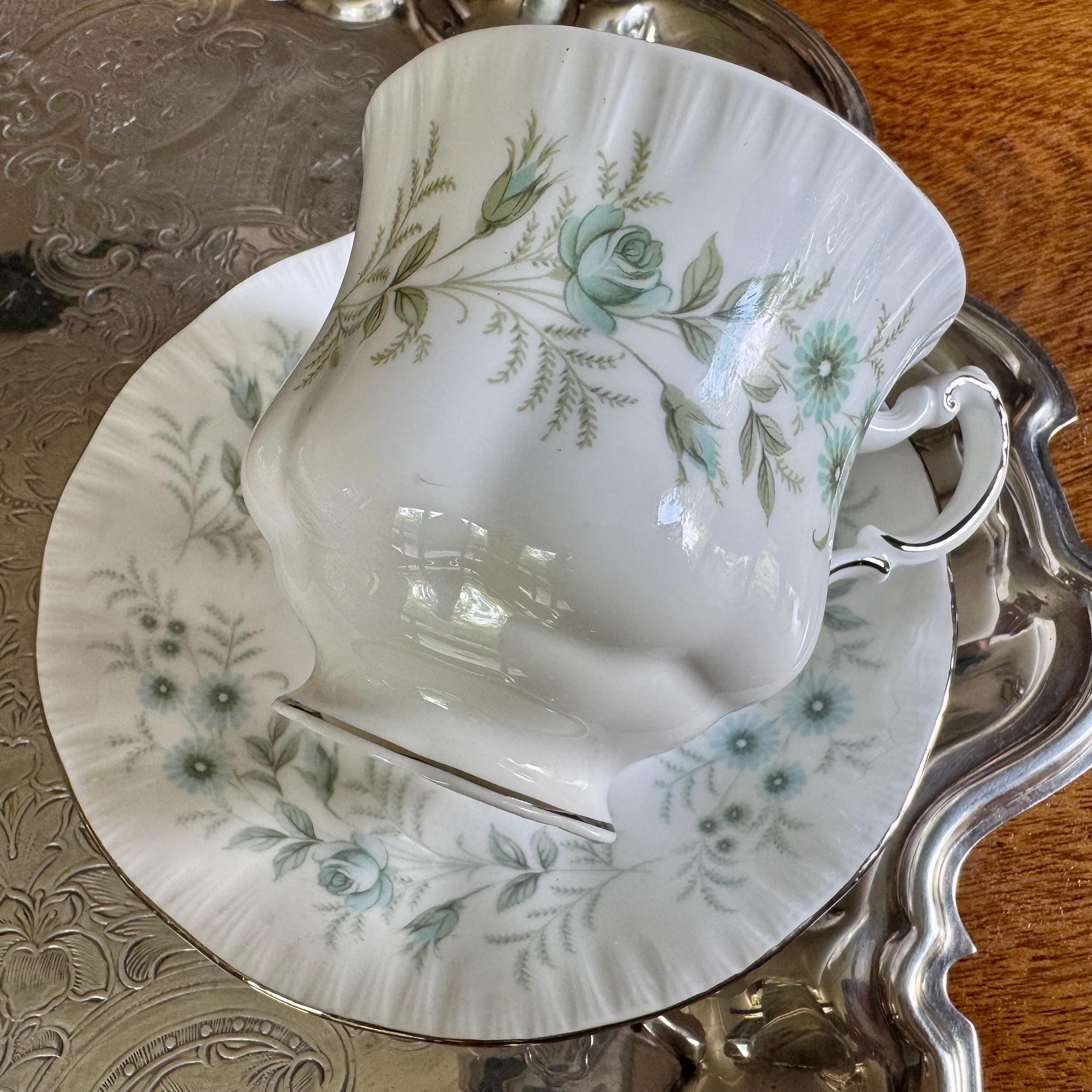 Vintage Paragon “Debutante” Teacup & Saucer Set – Pale Blue Florals Silver Rim