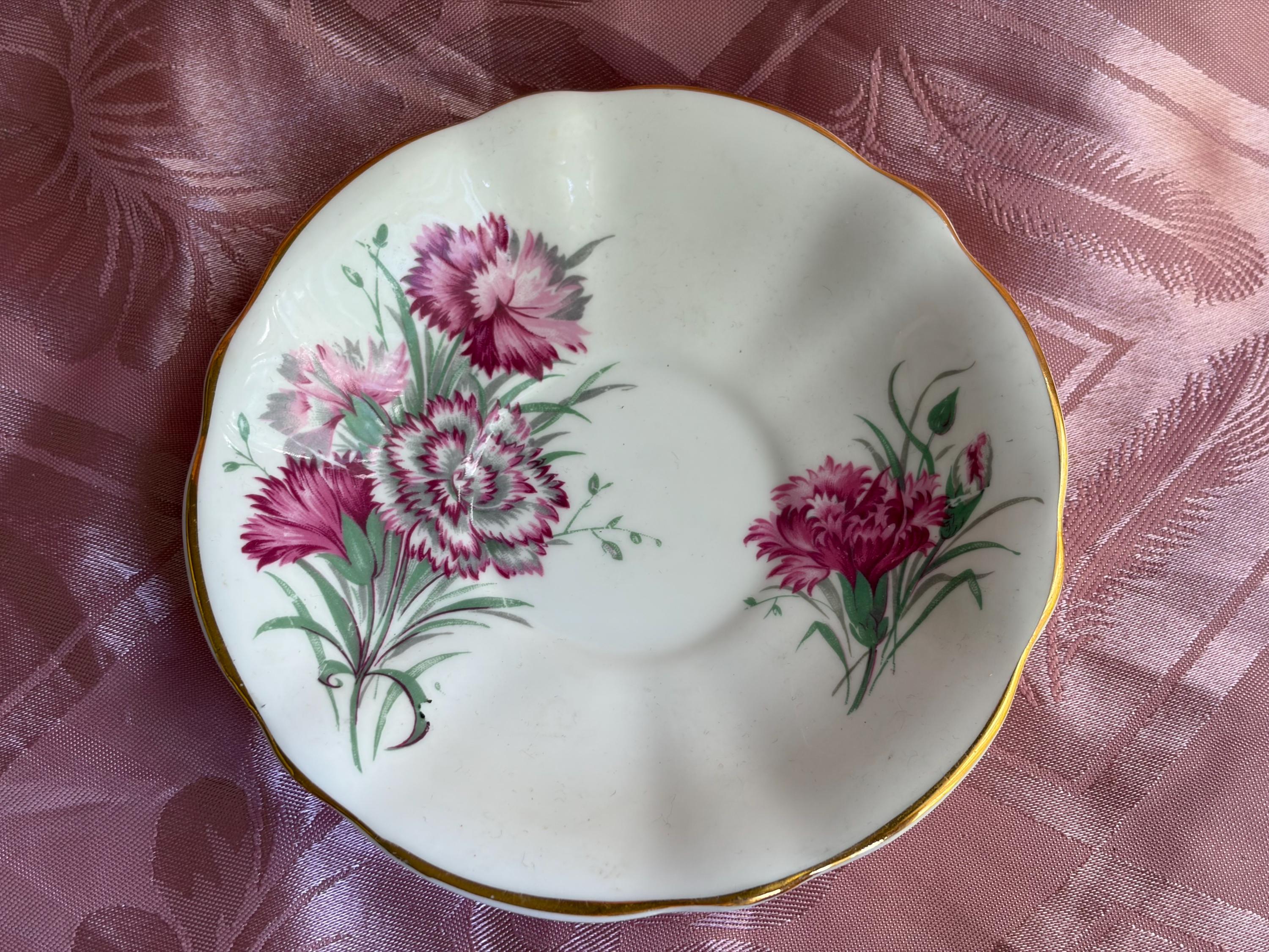Vintage Queen Anne Bone China Teacup & Saucer – Pink Carnations – England