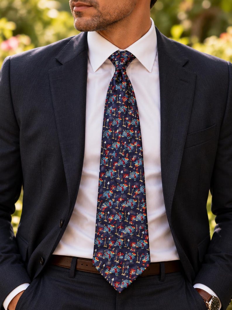 May include: A dark blue necktie featuring a repeating pattern of small, colorful elephants wearing red hats and carrying umbrellas, worn with a crisp white dress shirt and a dark navy blue suit jacket.