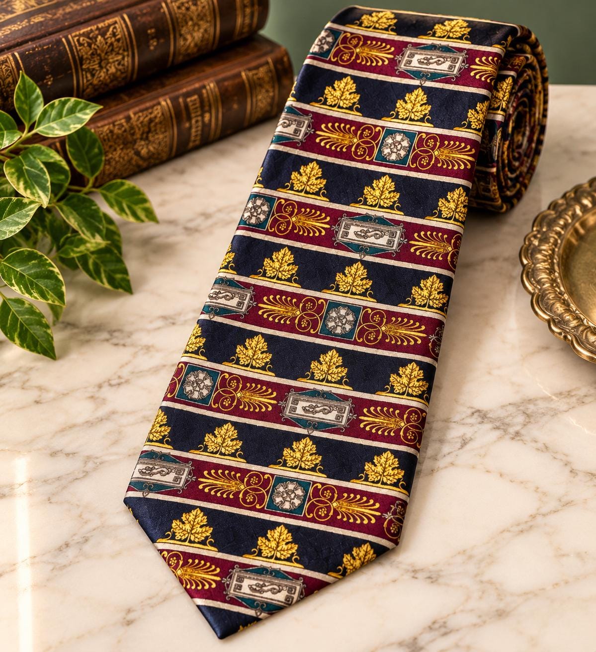 Vintage Domenico Franco Como 100% Italian Silk Tie, Made in Canada, Navy Burgundy Gold Baroque Necktie, Men’s Designer Tie