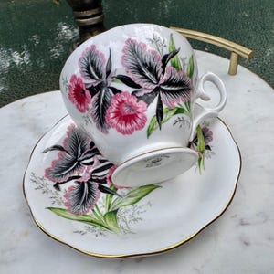 Puede incluir: Juego de taza y platillo blancos con un dise&ntilde;o floral con flores rosas y negras y hojas verdes. La taza y el platillo tienen un borde dorado. La taza est&aacute; apoyada en el platillo.