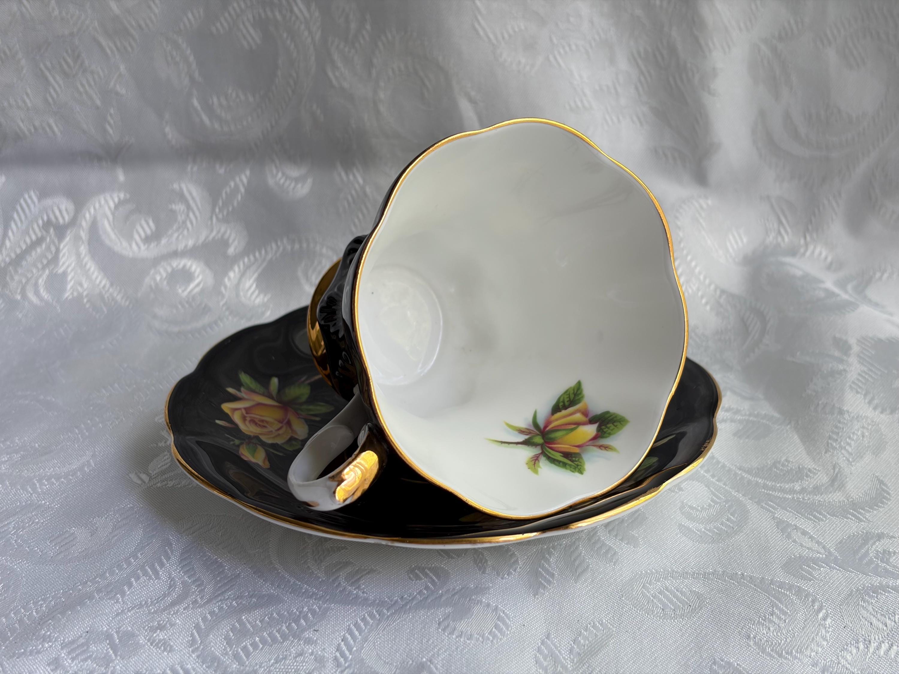 Royal Albert Rosemary Teacup Saucer | Black Yellow Roses Fine China England