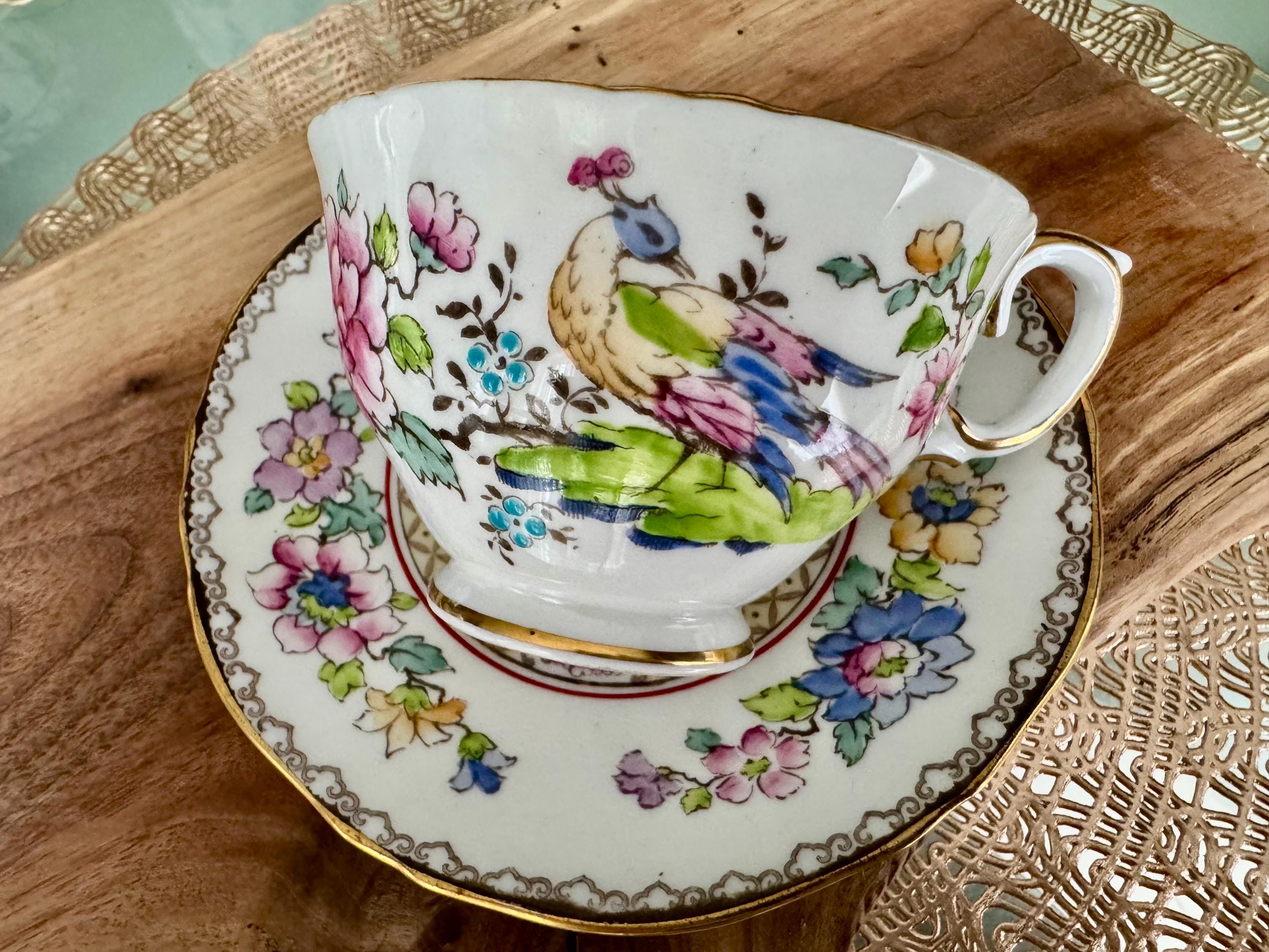 Vintage Crown Staffordshire Cup & Saucer - Hand-Painted Peacock Floral Design