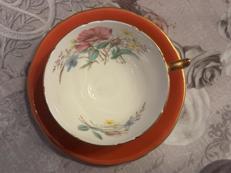 Vintage Aynsley Orange Teacup & Saucer – Pristine Floral Interior, Gold Trim Bone China England bild 5
