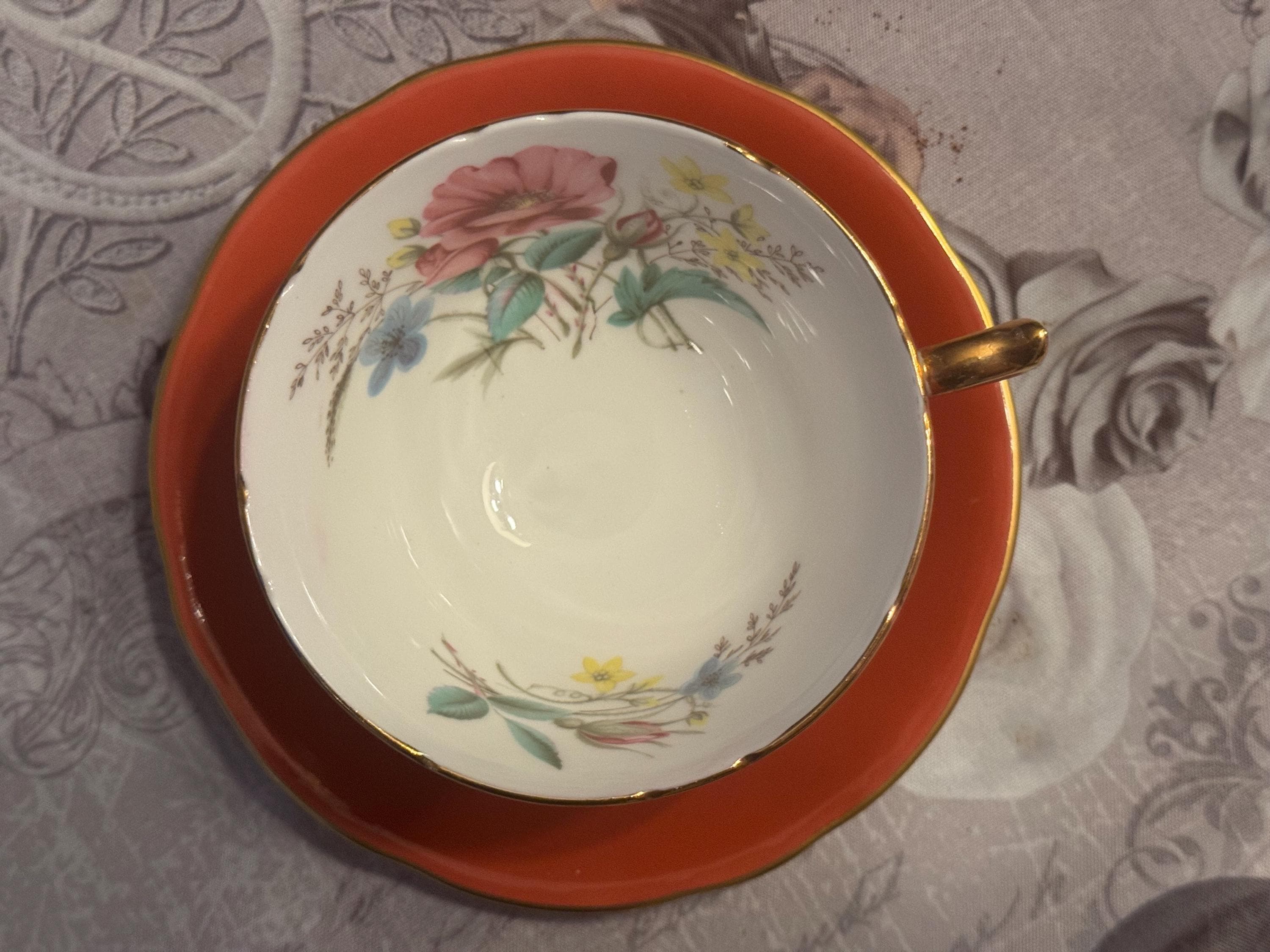 Vintage Aynsley Orange Teacup & Saucer – Pristine Floral Interior, Gold Trim Bone China England