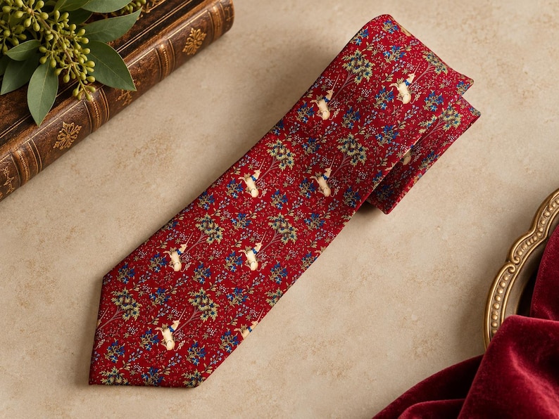 Corbata de seda con diseño de unicornio en un jardín de The Met Store – Corbata de arte del Museo de Tapices Medievales – 100% seda imagen 1