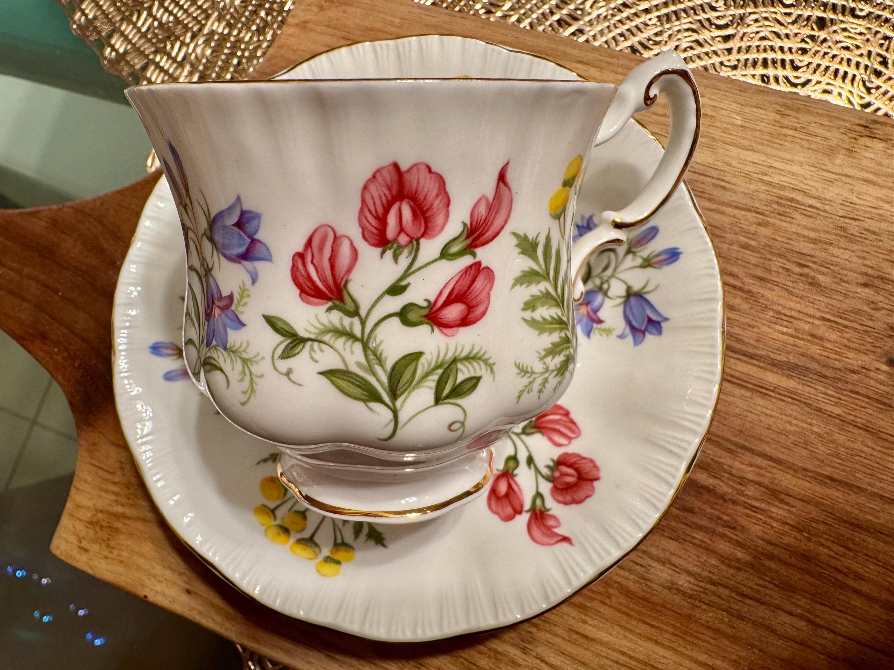 Vintage Paragon Bone China Teacup and Saucer - “English Flowers” with Gold Trim (1957-1960)