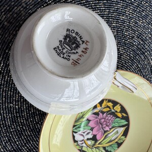 May include: A vintage teacup and saucer set with a floral design. The saucer is yellow with a black floral pattern. The teacup is white with a gold rim and the words "Rosina  Bone China Made in England" on the bottom.