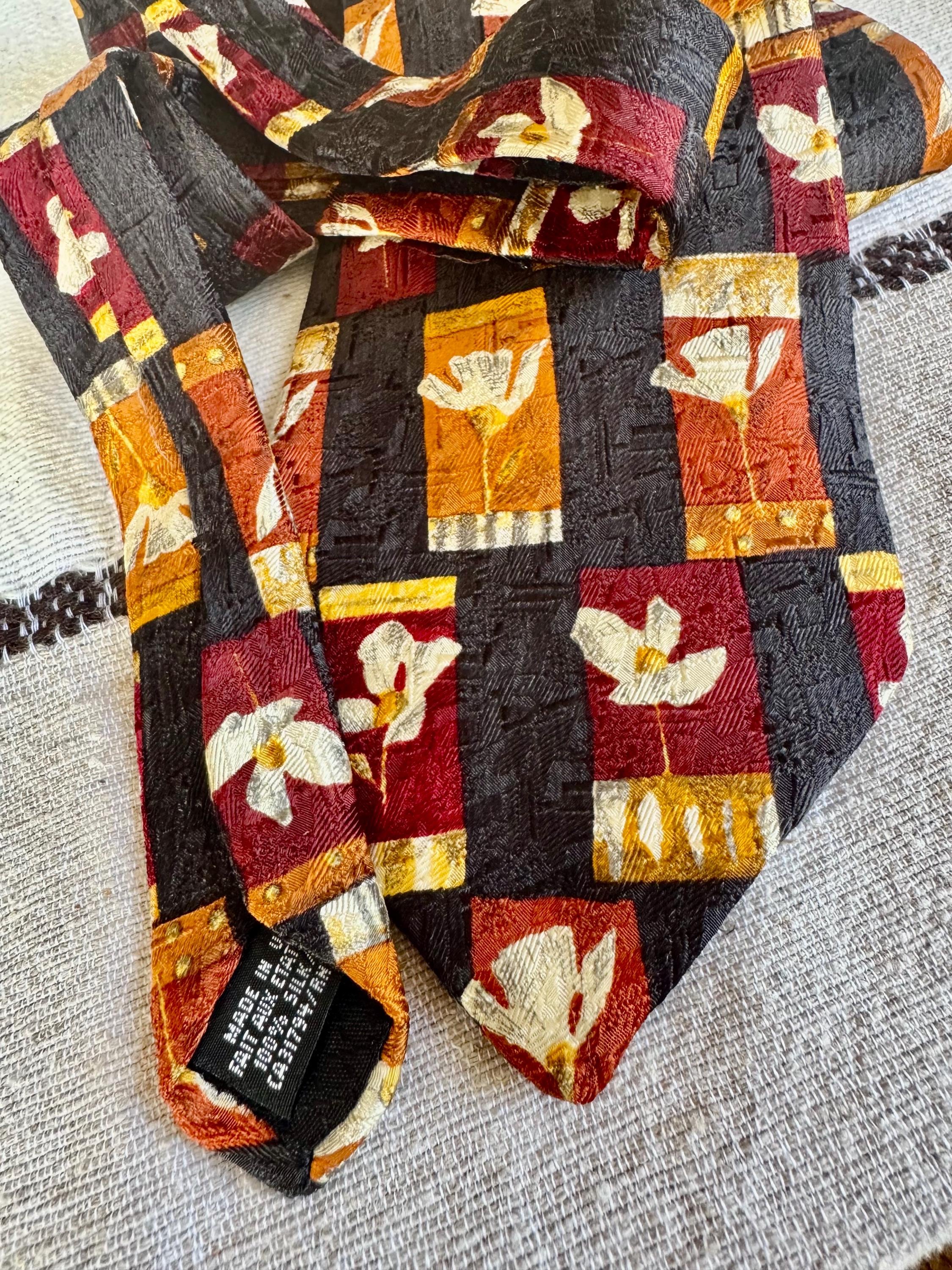 Vintage Oscar de la Renta USA Silk Tie – Floral Geometric Patchwork Designer Necktie