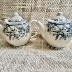 May include: Two cream-colored ceramic teapots featuring a dark blue transferware pattern of birds perched on flowering branches. Each teapot includes a matching lid with a small knob handle, a curved spout, and a rounded handle on the side.