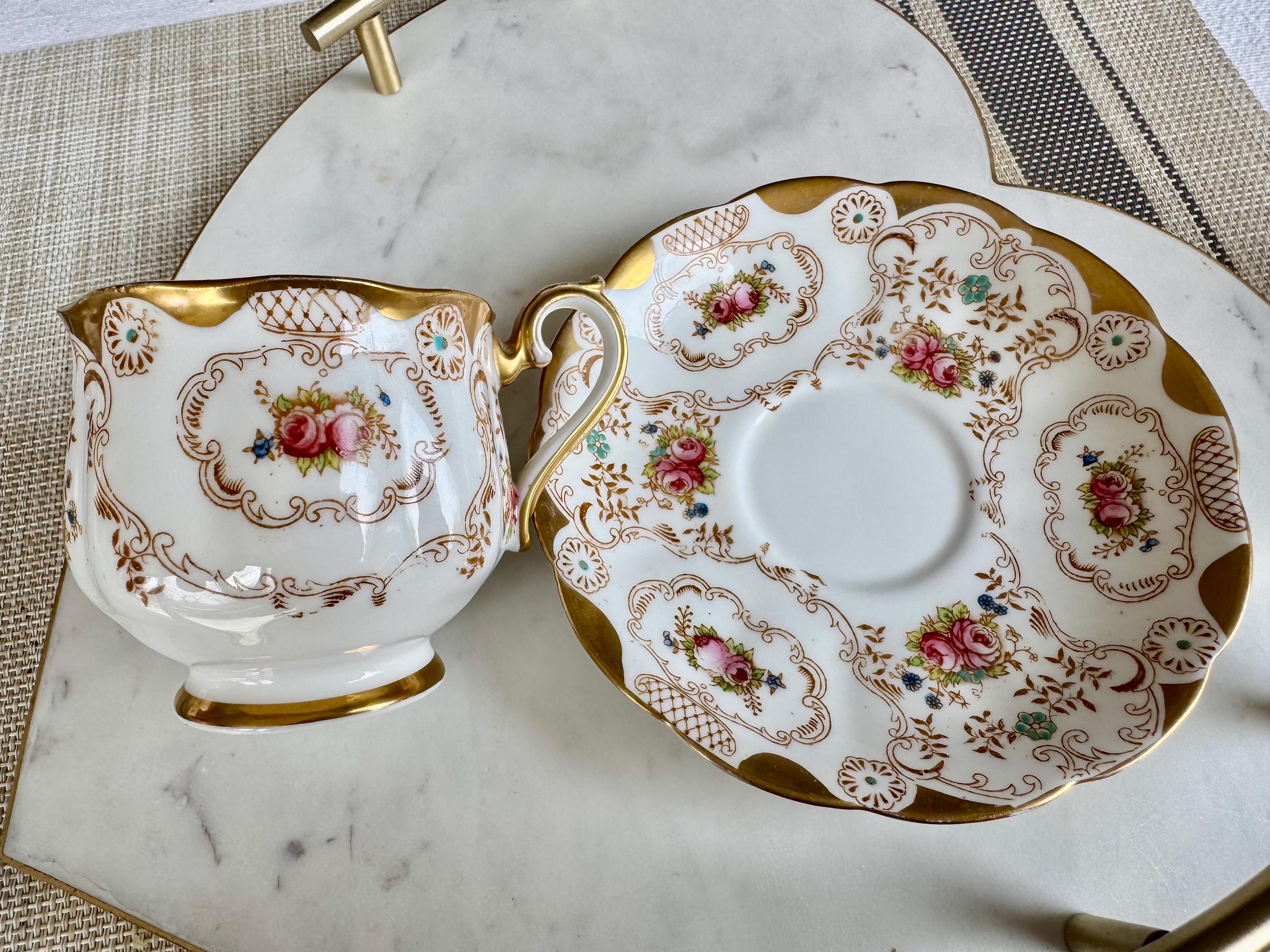 Antique Royal Albert Teacup & Saucer: Hand-Painted Roses, Gold Encrusted, c. 1925