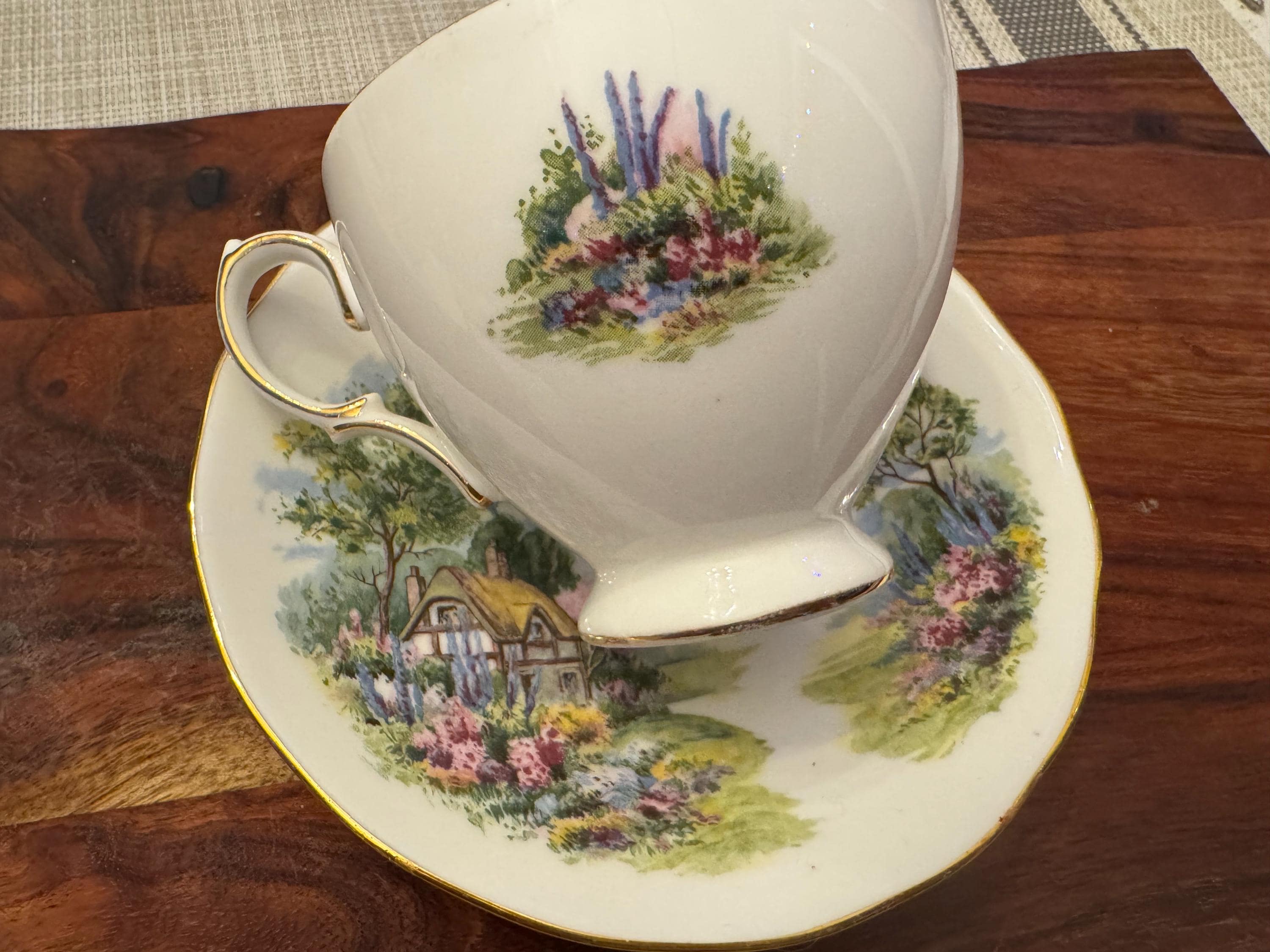 Vintage Royal Vale Countryside Houses Tea Cup and Saucer Set - Fine Bone China