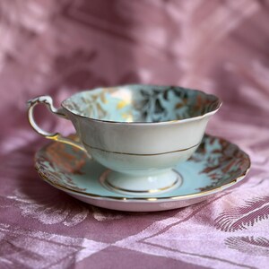 Vintage Paragon Fine Bone China Teacup & Saucer – Aqua Blue, Pink Floral Bouquet Gold Gilt image 6