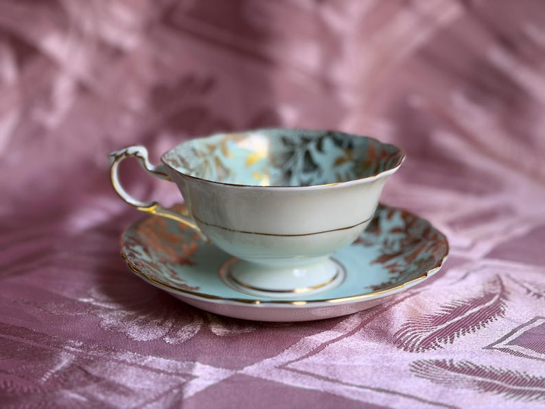 Vintage Paragon Fine Bone China Teacup & Saucer – Aqua Blue, Pink Floral Bouquet Gold Gilt image 6