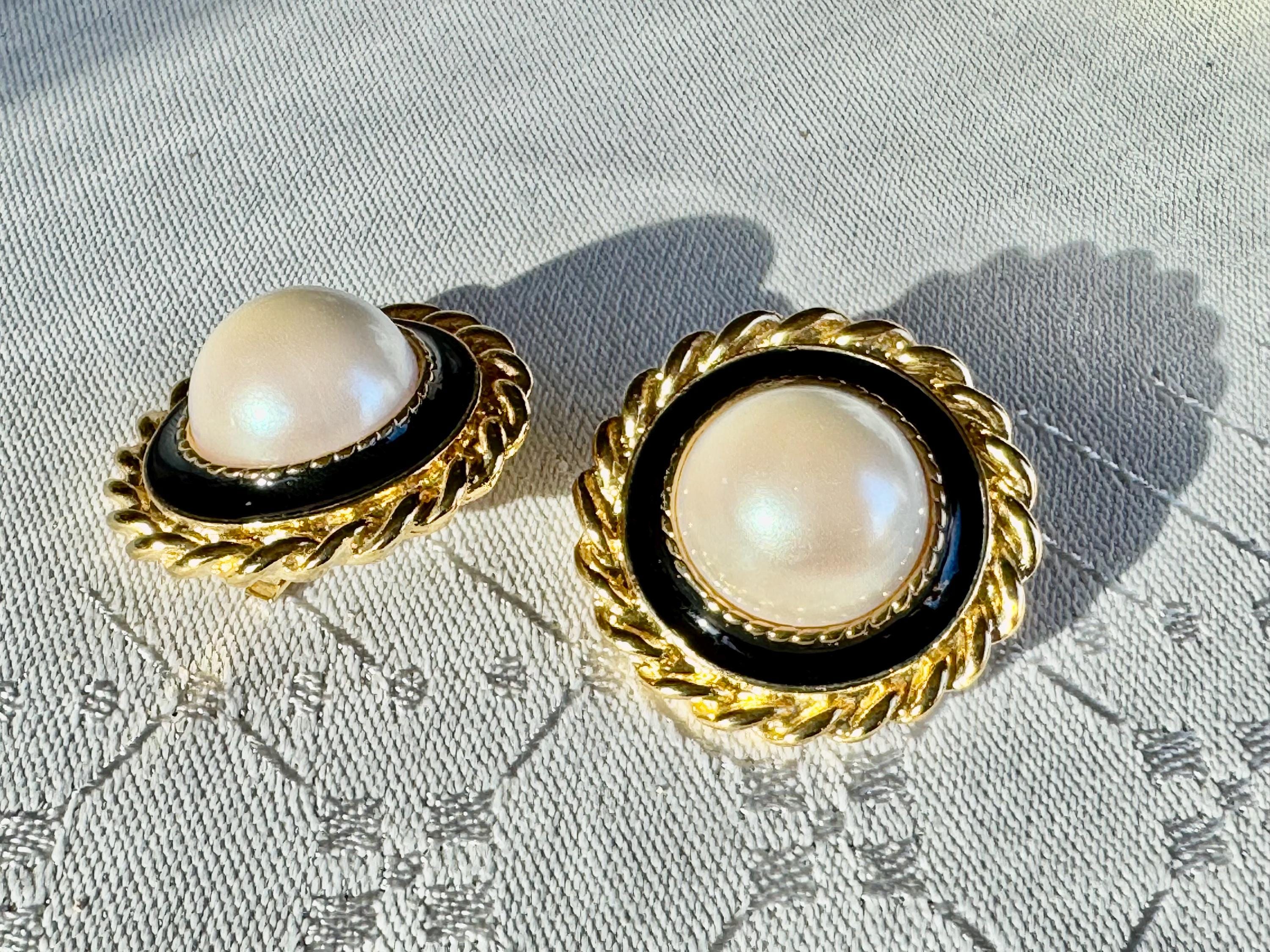 Vintage Park Lane Clip-On Earrings — Faux Pearl & Black Enamel Gold Tone Statement