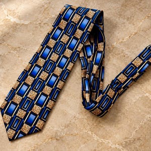 May include: A necktie featuring a geometric pattern of blue rectangular shapes with black borders and gold-toned textured squares. The design is arranged in a repeating grid across the fabric, creating a structured and repetitive visual motif.