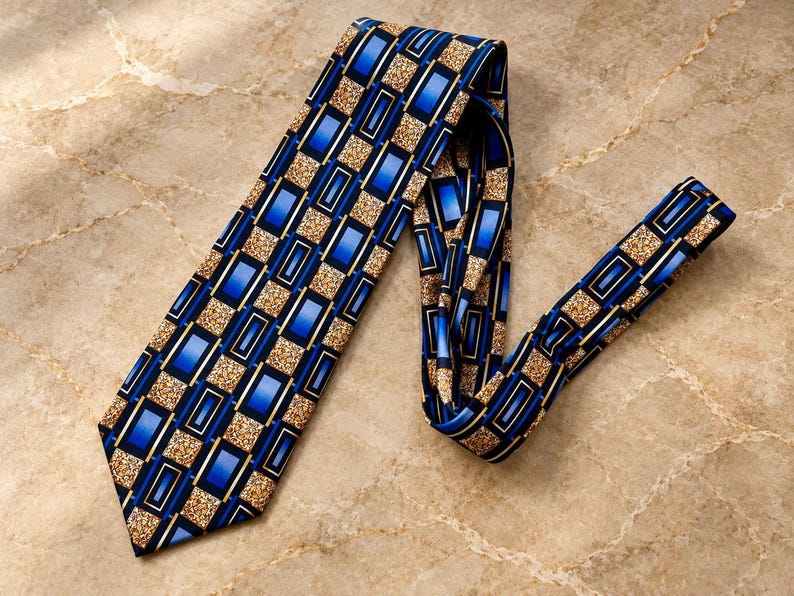 May include: A necktie featuring a geometric pattern of blue rectangular shapes with black borders and gold-toned textured squares. The design is arranged in a repeating grid across the fabric, creating a structured and repetitive visual motif.