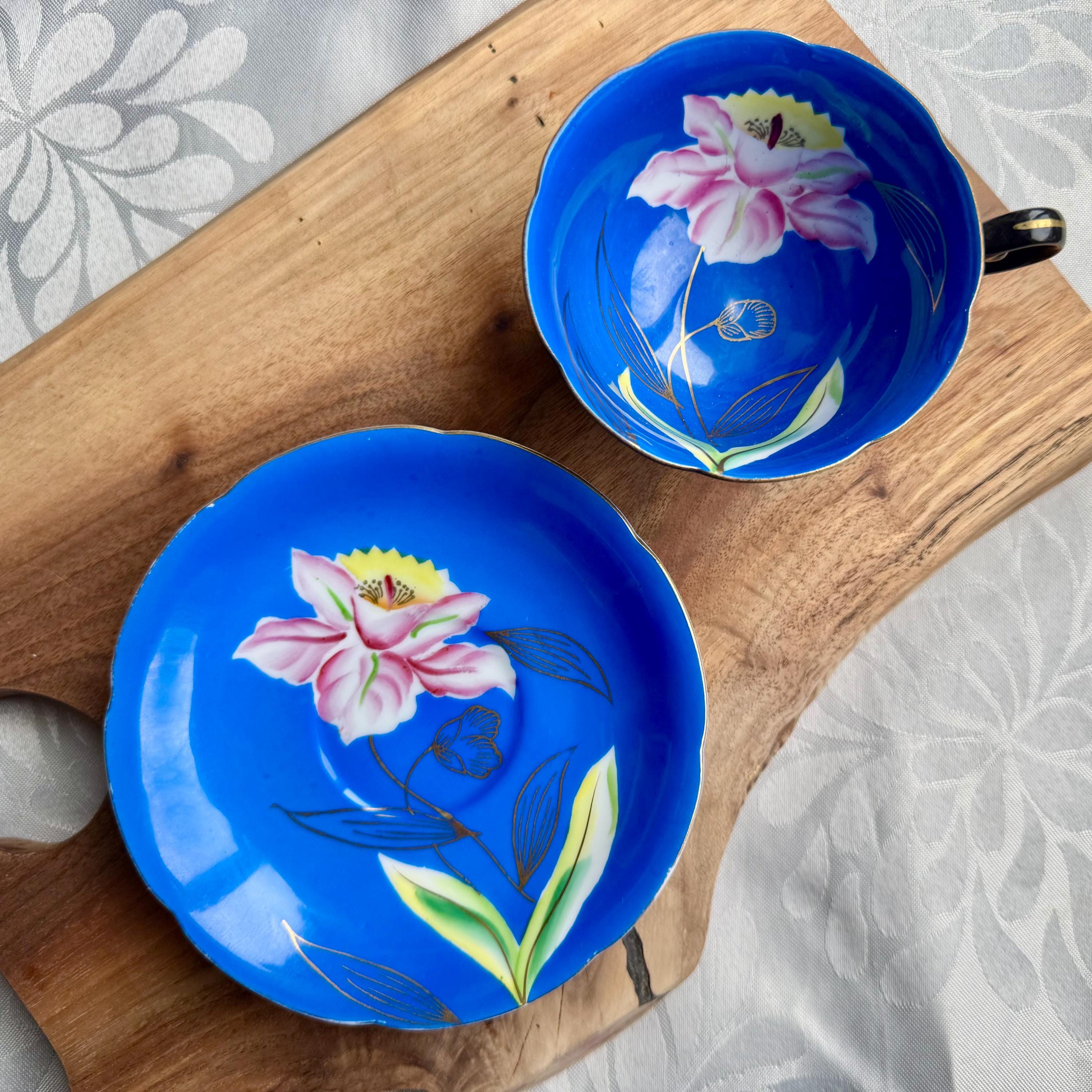 Vintage Princess China Japan Teacup & Saucer – Blue Interior, Black Exterior – Hand-Painted Floral