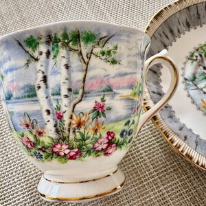 Pu&ograve; includere: Un set vintage di tazza da t&egrave; e piattino con un motivo floreale che presenta betulle, un lago e fiori colorati. La tazza e il piattino sono bianchi con un bordo dorato.