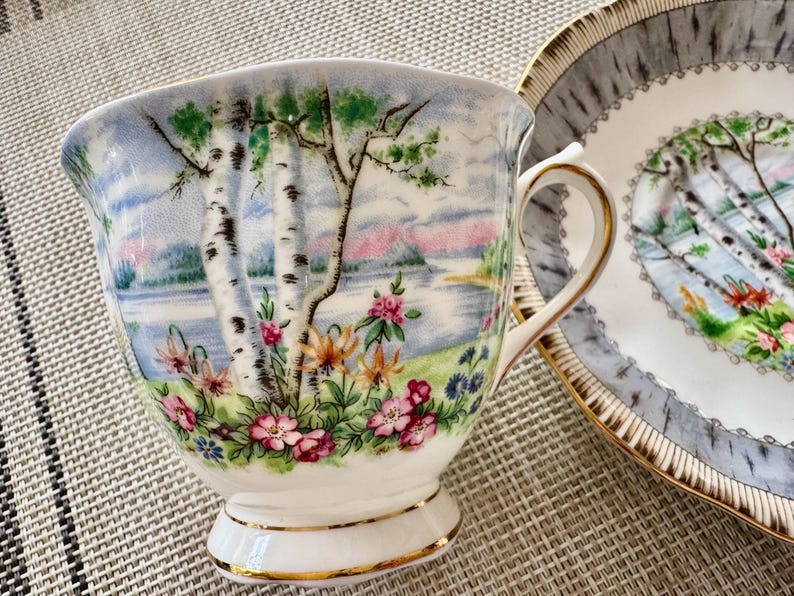 Pu&ograve; includere: Un set vintage di tazza da t&egrave; e piattino con un motivo floreale che presenta betulle, un lago e fiori colorati. La tazza e il piattino sono bianchi con un bordo dorato.