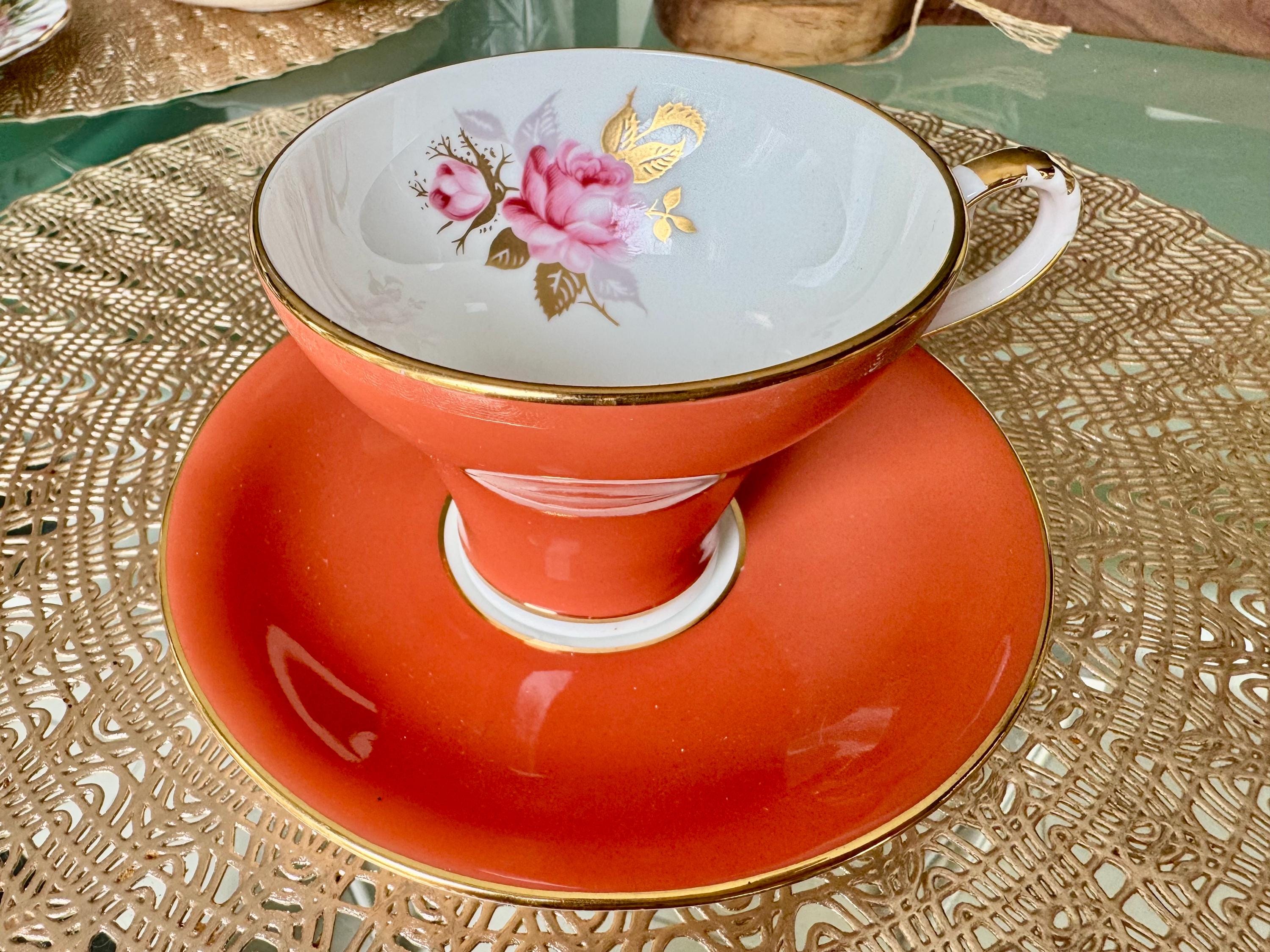 Vintage Aynsley Burnt Orange Teacup & Saucer – Gilded Rose Interior – English Bone China