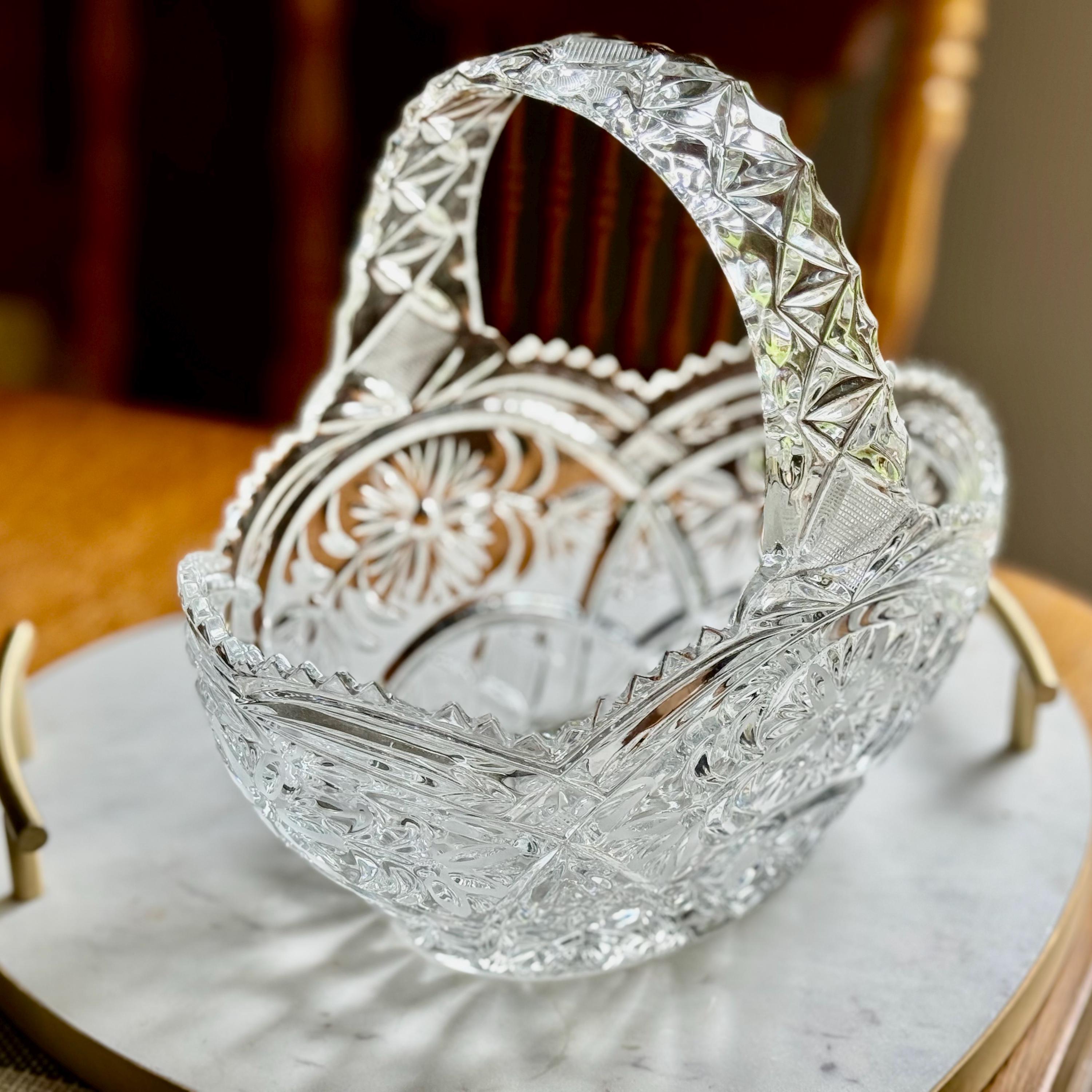 Vintage Pressed Glass Basket: Floral Pattern, Arched Handle, Scalloped Rim