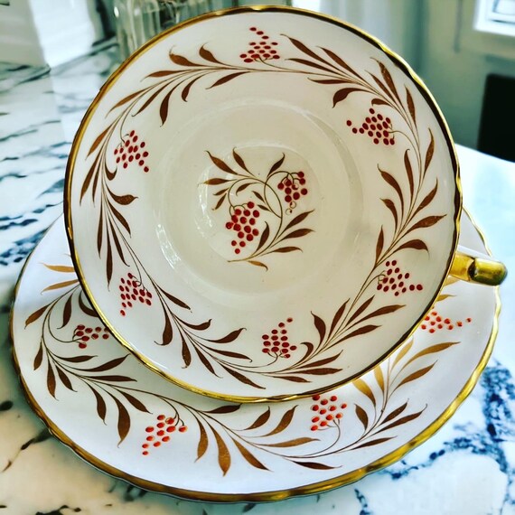 Vintage Bacchus Fine Bone China Teacup and Saucer — Gold Vine & Red Berry, England
