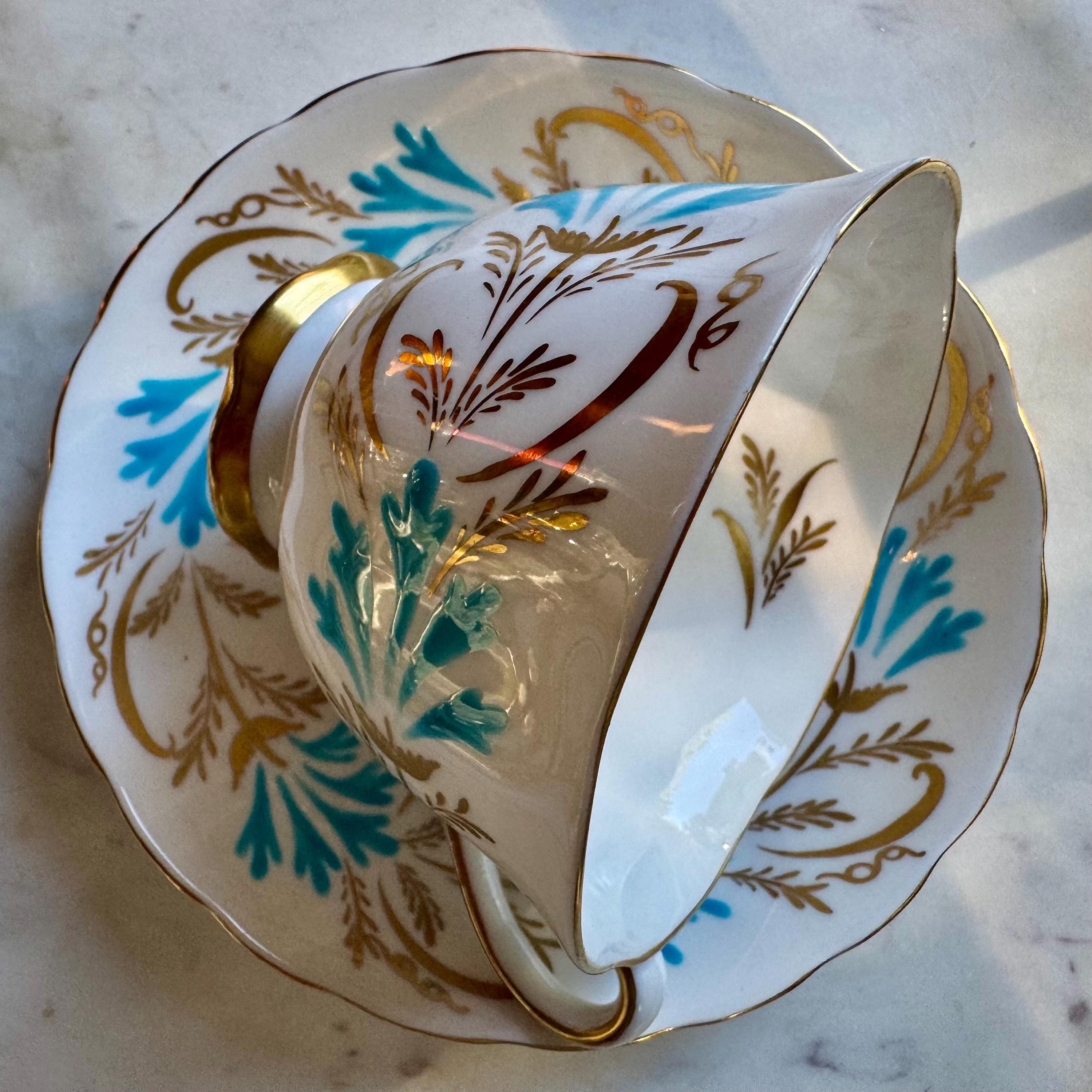 Vintage Royal Chelsea Bone China Teacup & Saucer – Pattern 4983A, Hand Decorated Turquoise Gold