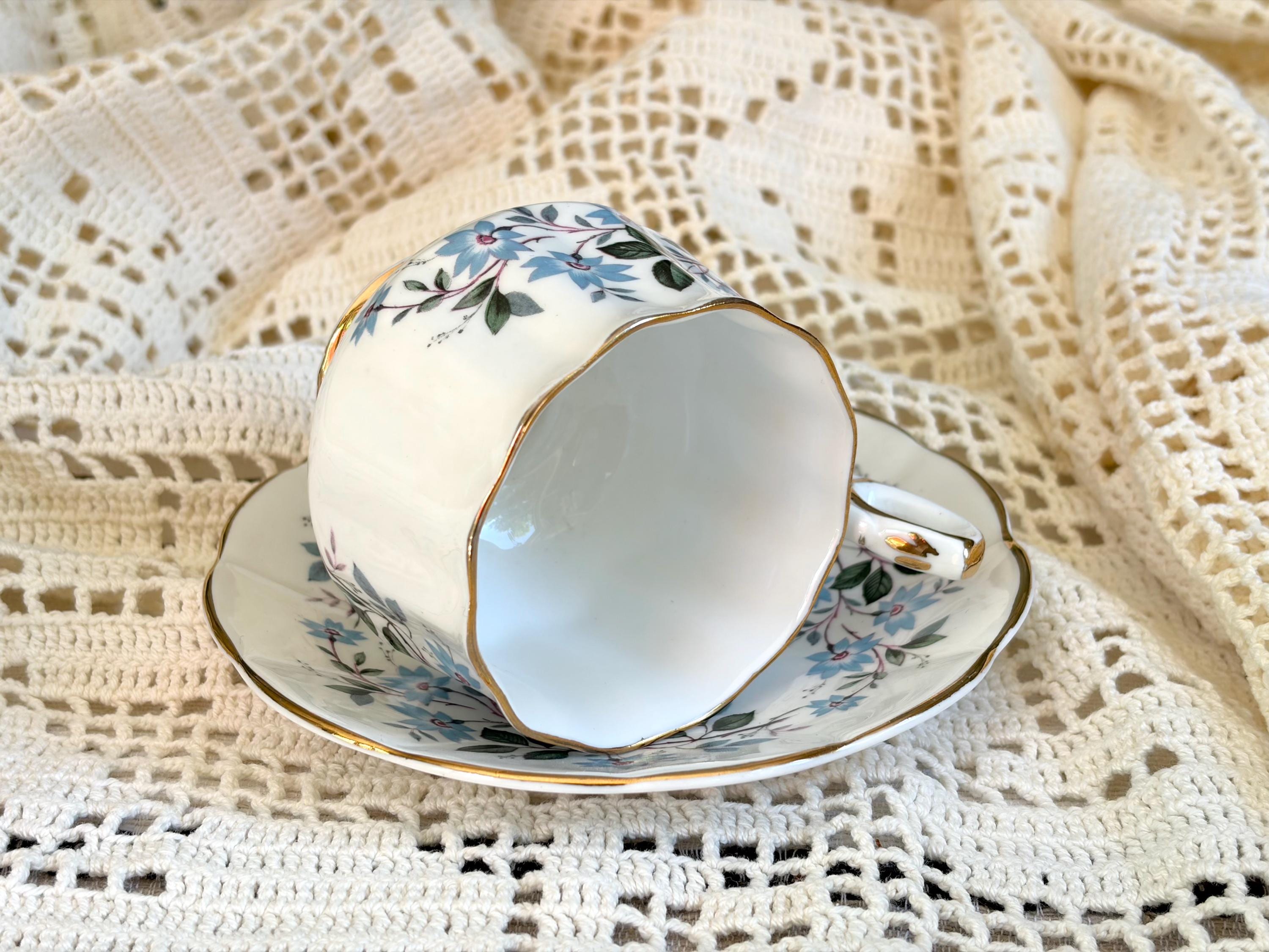 Vintage Stratford Bone China Teacup & Saucer Set – Blue Floral Pattern – Made in England