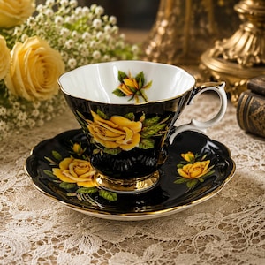 Pode incluir: Um conjunto de ch&aacute;vena e pires em porcelana preta com um padr&atilde;o de rosas amarelas vibrantes. A ch&aacute;vena tem um rebordo recortado, uma base com acabamento dourado e um bot&atilde;o de rosa amarela pintado no interior. O pires tamb&eacute;m exibe rosas.