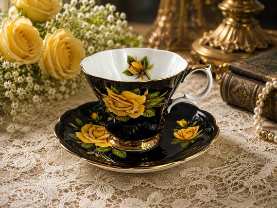 Royal Albert Rosemary Teacup Saucer | Black Yellow Roses Fine China England