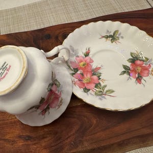 Puede incluir: Un juego de taza y platillo de t&eacute; blanco con un dise&ntilde;o floral. La taza de t&eacute; tiene un borde dorado y las palabras "Royal Albert, Bone China, England, Prairie Rose" en la parte inferior. El platillo tiene un borde festoneado y un dise&ntilde;o floral con rosas rosas.