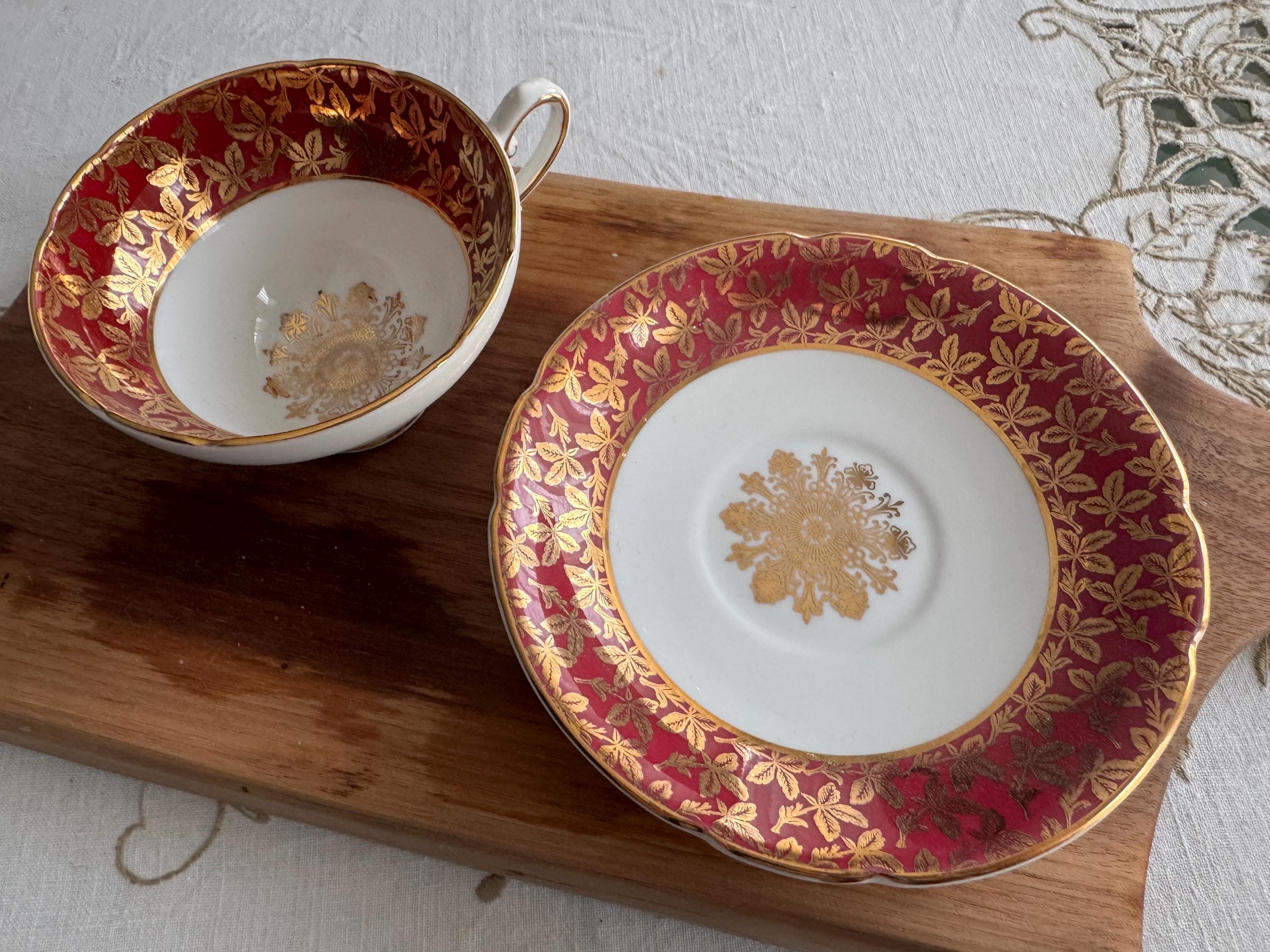 Vintage Staffordshire Stanley Teacup & Saucer – Ruby Red Gold Gilt – Made in England