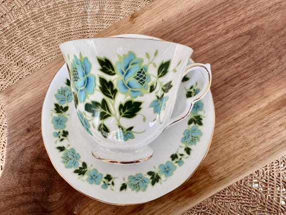Vintage Royal Vale Bone China Teacup and Saucer: Teal Floral, Gold Trim