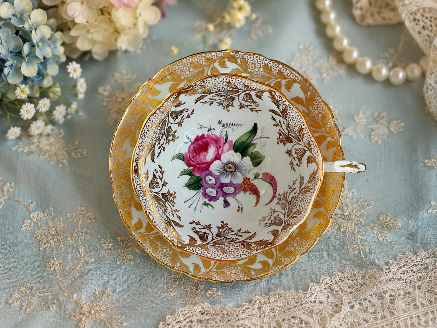 Vintage Paragon Fine Bone China Teacup & Saucer – Aqua Blue, Pink Floral Bouquet Gold Gilt