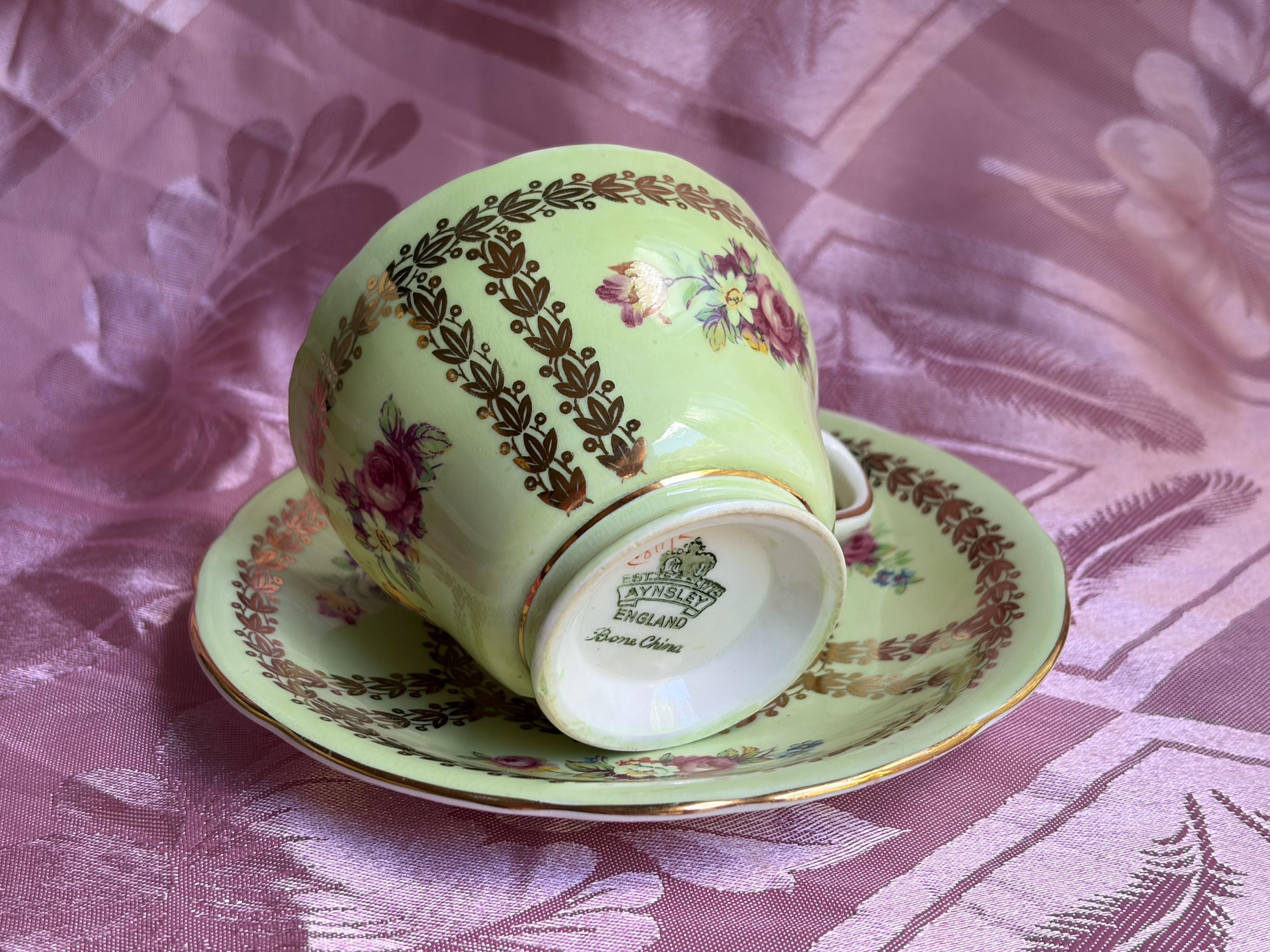 Vintage Aynsley Bone China Teacup & Saucer — Yellow or Green Gold Laurel, Floral Decor