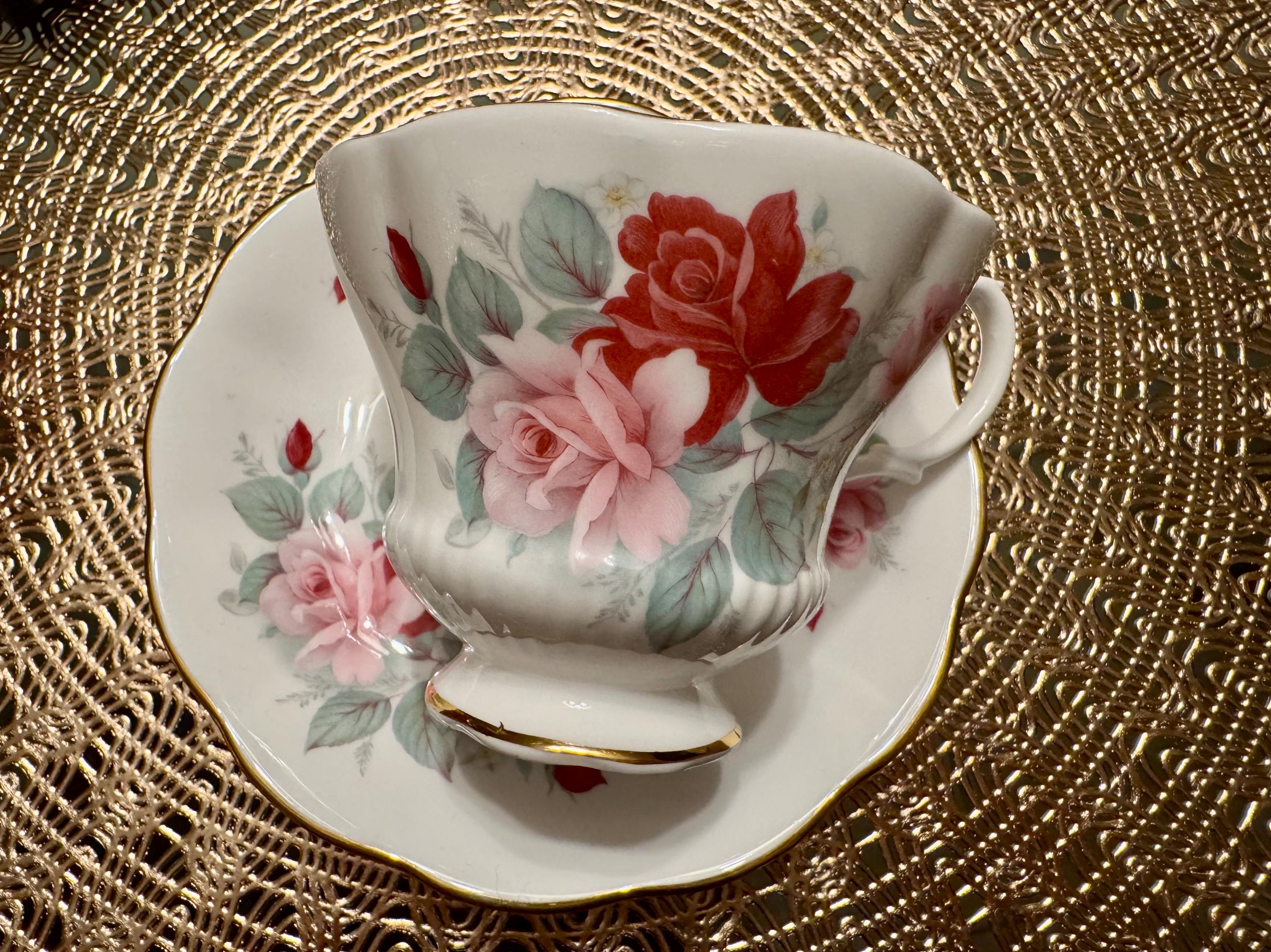 Vintage Royal Albert Corset-Shaped Tea Cup and Saucer Set - Pink and Red Roses