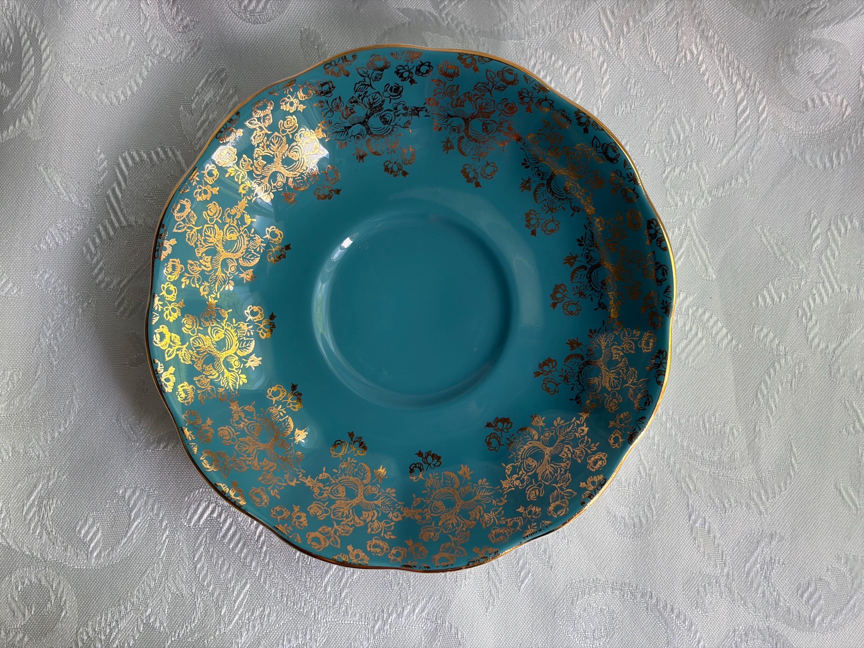 Royal Albert Turquoise Gold Bone China Teacup Saucer – Rose Floral England