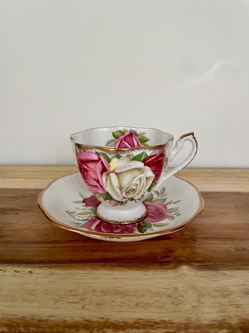 Vintage Queen Anne “Lady Sylvia” Teacup & Saucer – Pink Cream Roses with Gold Trim – England image 10