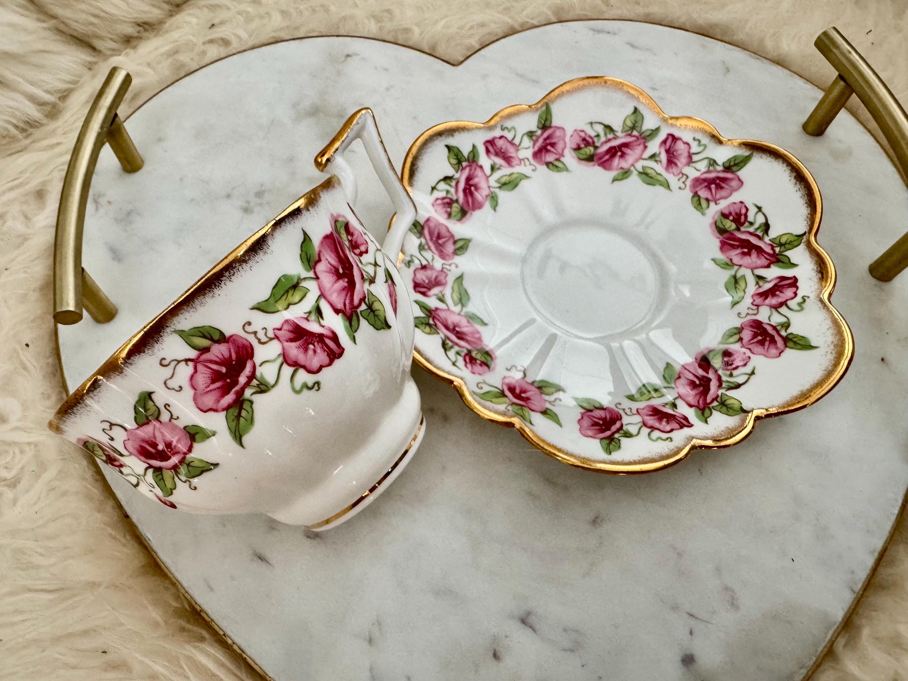 Vintage Salisbury Bone China Teacup & Saucer – Woodbine Morning Glories with Gold Rim