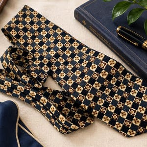 May include: A necktie featuring a repeating geometric pattern of dark navy blue squares alternating with tan and brown floral-like motifs. The fabric has a textured appearance, and the tie is laid out flat, showing its pointed end and folded length.