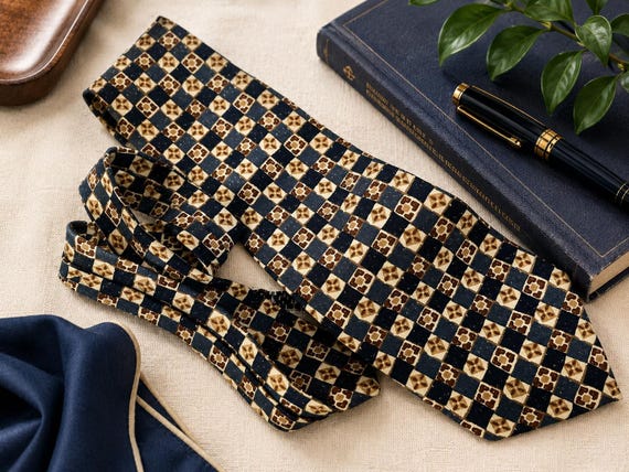 Vintage GAP 100% Silk Tie — Made in USA — Navy, Cream, Bronze Geometric Pattern