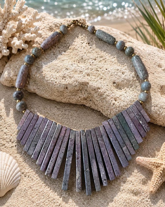 Vintage Blue Jasper Semi-Precious Stone Cleopatra Fan Bib Necklace