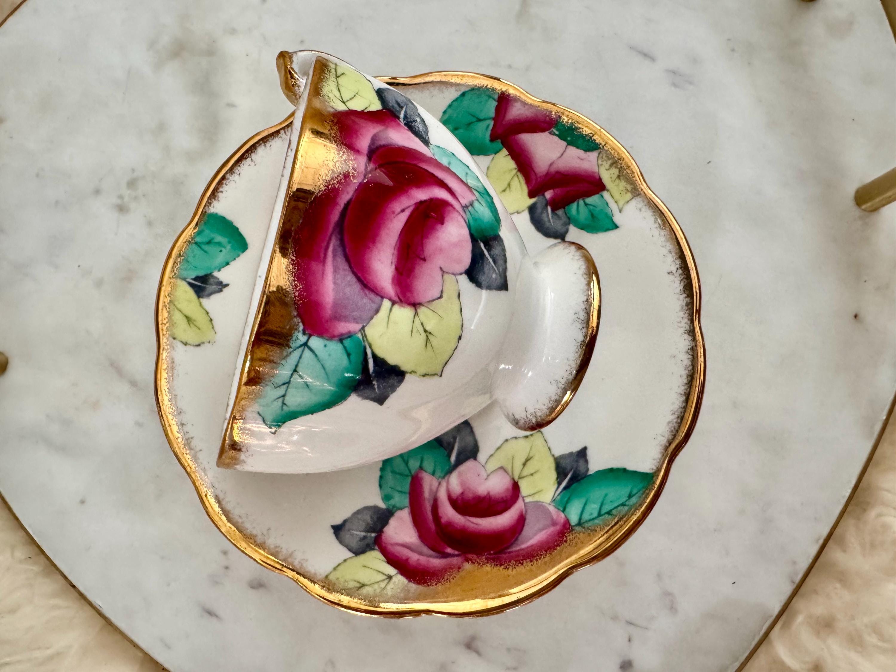 Vintage Queen Anne Bone China Teacup & Saucer – Hand-Painted Roses with Gold Rim