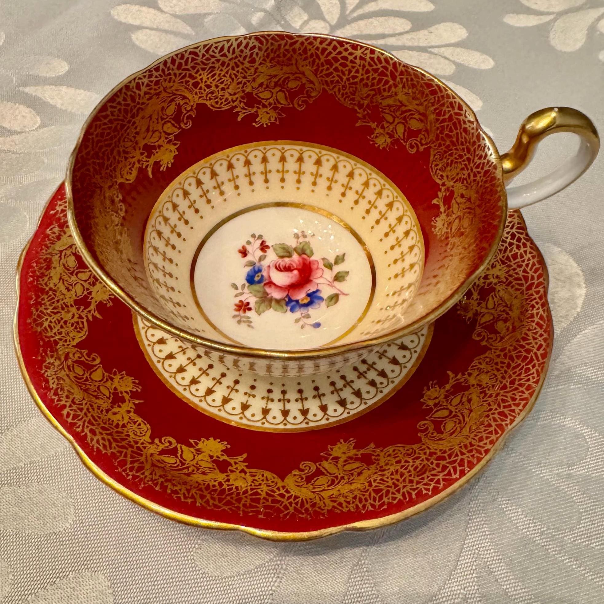 Vintage Aynsley England – Red Gold Filigree Floral Teacup & Saucer